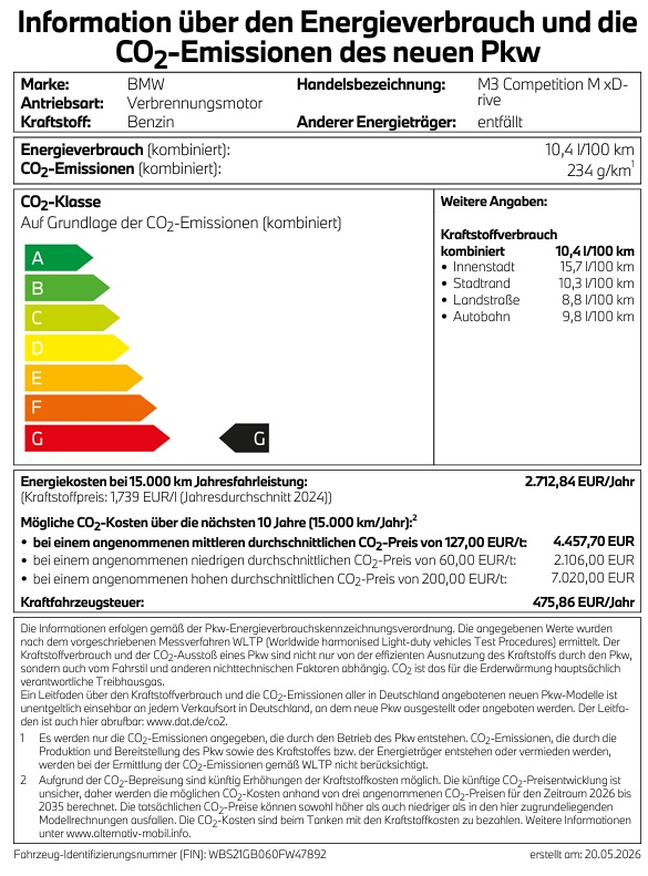 Das Label zeigt die technischen Daten und die CO2-Klasse für den BMW M3 Touring
