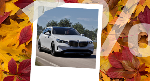 Ein Werbebanner im Herbst-Design auf einem Hintergrund aus buntem Herbstlaub in Gelb- und Rottönen. In der Mitte befindet sich ein mit Klebestreifen befestigtes Sofortbild (Polaroid), das einen silbergrauen BMW auf einer Straße bei sonnigem Wetter zeigt. Auf der rechten Seite liegt ein großes, halbtransparentes weißes Prozentzeichen (%) über den Blättern.