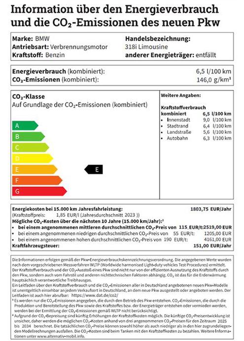 BMW 3er Limousine Energielabel Eine vollständige Abbildung des offiziellen EU-Labels für den Energieverbrauch und die CO2-Emissionen eines Neuwagens. Es zeigt Daten für den BMW 318i Limousine mit Benzinantrieb, darunter einen kombinierten Verbrauch von 6,5 l/100 km und 146,0 g/km CO2-Emissionen, sowie die Effizienzklasse C auf einer Farbskala von A bis G und weitere Kosteninformationen