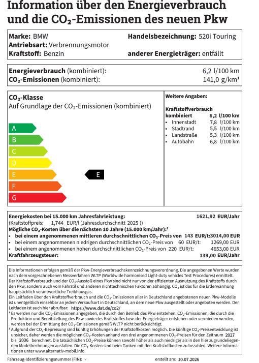 Informationen über den Energieverbrauch und die CO2-Emissionen des Pkw. Marke: BMW, Handelsbezeichnung: 520i Touring.