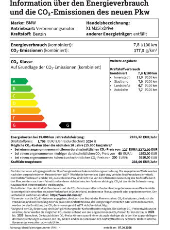 Das Label zeigt die technischen Daten und die CO2-Klasse für den BMW X1 M35i xDrive.