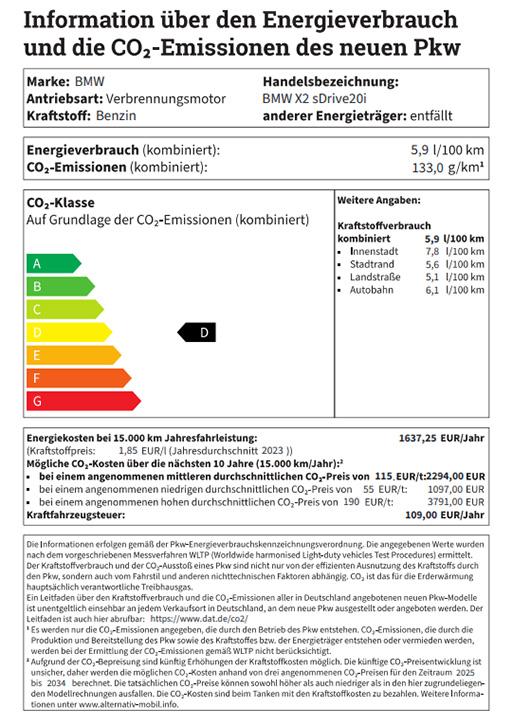 BMW X2 Energielabel Kraftstoffverbrauch BMW X2 Energielabel Kraftstoffverbrauch