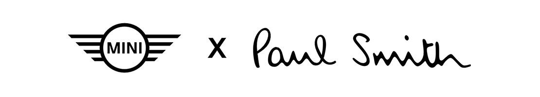 Offizielles Logo der MINI x Paul Smith Kollaboration: Das klassische MINI Markenlogo kombiniert mit dem charakteristischen, handschriftlichen Paul Smith Schriftzug in Schwarz auf weißem Hintergrund.