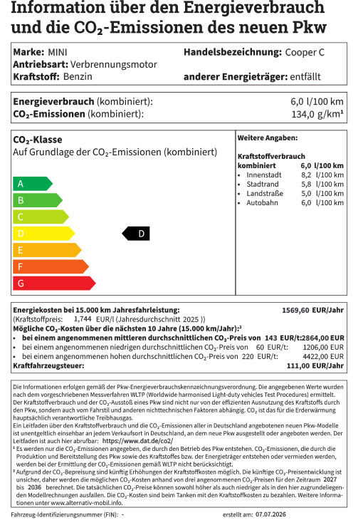 MINI Cooper C Energielabel mit dem Kraftstoffverbrauch