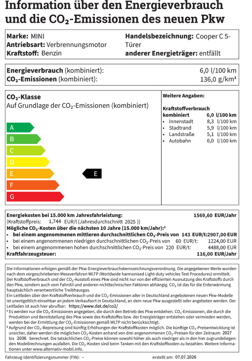 MINI Cooper C 5-Türer Energielabel mit Angaben zum Kraftstoffverbrauch