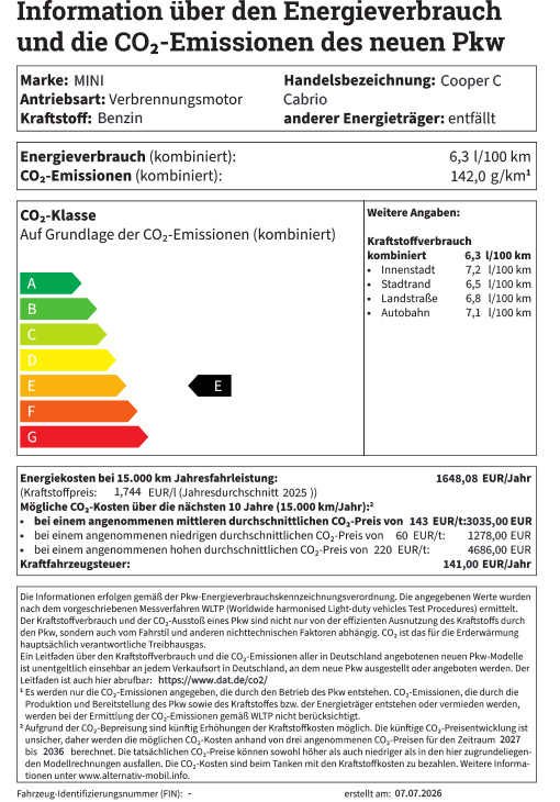MINI Cabrio Energielabel mit den jeweiligen Kraftstoffverbräuchen