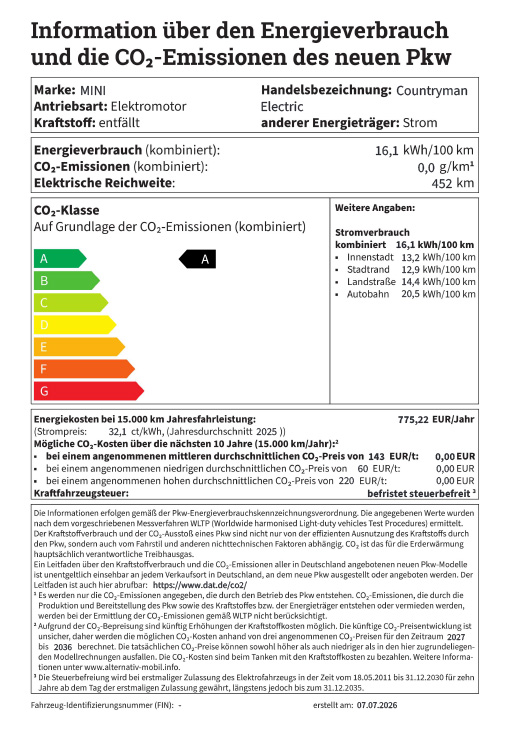 MINI Countryman E Energielabel mit dem Kraftstoffverbrauch des Fahrzeuges 